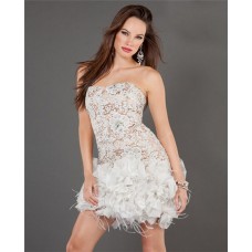 Sexy Strapless Short Mini Nude Satin Lace Rosette Party Prom Dress With Feathers