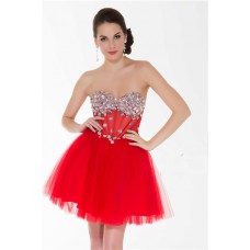 Sexy Sweetheart Short/ Mini Red Tulle Beaded Sheer Bustier Cocktail Prom Dress