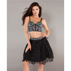 Sexy Two Piece Short Black Lace Beaded Sweet Sixteen Cocktail Party Dress