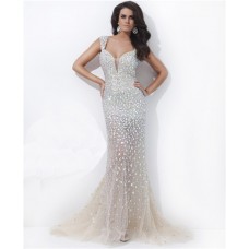 Sexy Unique Deep V Neck Backless Long Champagne Nude Tulle Beaded Evening Prom Dress