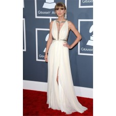 Sexy V Neck Long Silver Sequins White Chiffon Taylor Swift Red Carpet Celebrity Dress