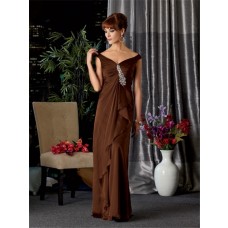 Sexy V neck off the shoulder long brown chiffon mother of the bride dress