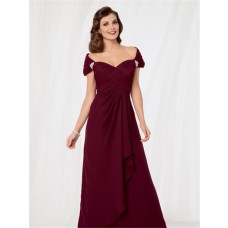 Sexy off shoulder floor length burgundy chiffon mother of the bride dress