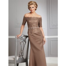 Sexy off the shoulder floor length brown lace mother of the bride dress