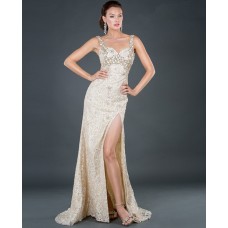 Sexy sheath sweetheart long champagne beading lace evening dress with straps and slit