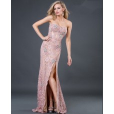 Sexy sheath sweetheart long pink beading lace evening dress with slit 