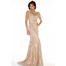Sheath Bateau Neck Cap Sleeve See Through Long Champagne Lace Occasion Evening Dress