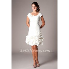 Sheath Cap Sleeve Short White Taffeta Rouched Party Prom Dress With Flowers