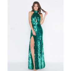 Sheath High Neck Halter Front Keyhole Emerald Green Sequin Evening Prom Dress With Slit