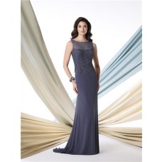 Sheath Illusion Boat Neck Charcoal Grey Chiffon Beaded Mother Of The Bride Formal Dress