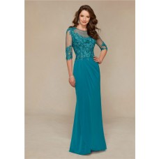 Sheath Illusion Neckline Long Teal Chiffon Lace Special Occasion Evening Dress With Sleeves