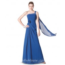 Sheath One Shoulder Royal Blue Chiffon Beaded Long Evening Dress With Flowers Sash
