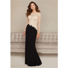 Sheath Open Back Black Chiffon Champagne Lace Long Sleeve Special Occasion Evening Dress