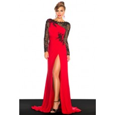 Sheath Open Back Long Red Chiffon Evening Prom Dress With Black Lace Sleeve