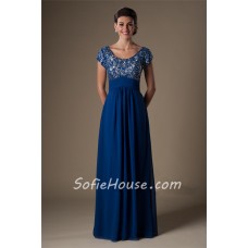 Sheath Scoop Neck Empire Waist Long Royal Blue Chiffon Beaded Evening Prom Dress