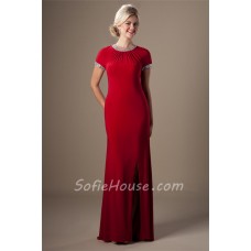 Sheath Scoop Neck Long Red Jersey Beaded Modest Evening Prom Dress With Sleeves