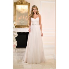 Sheath Strapless Lace Tulle Flowing Wedding Dress Crystals Belt