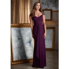 Sheath Sweetheart Cap Sleeve Long Purple Chiffon Draped Women Evening Dress