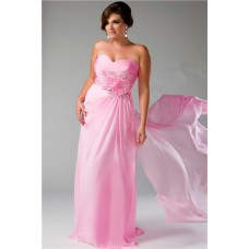 Sheath Sweetheart Long Pink Chiffon Plus Size Party Prom Dress With Beaded Flowers