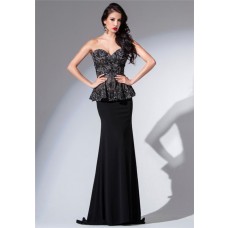 Sheath Sweetheart Neckline Black Jersey Lace Peplum Beaded Formal Occasion Evening Prom Dress
