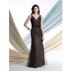 Sheath V Neck Black Tulle Lace Mother Of The Bride Evening Dress With Floral Sash