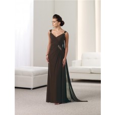 Sheath V Neck Chocolate Brown Chiffon Mother Of The Bride Evening Dress With Straps