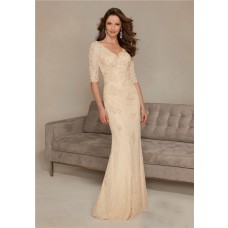 Sheath V Neck Long Champagne Lace Sleeve Mother Of The Bride Evening Dress
