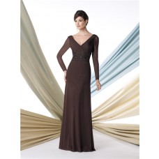 Sheath V Neck Long Sleeve Chocolate Brown Chiffon Mother Of The Bride Evening Dress
