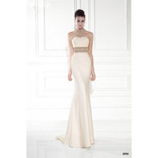 Sheath White Satin Gold Beaded Special Occasion Evening Prom Dress