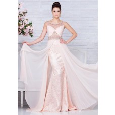 Sheer Illusion Neckline And Back Peach Lace Chiffon Beaded Long Prom Dress Flowing Skirt