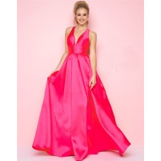 Simple A Line Deep V Neck Criss Corss Back Hot Pink Satin Prom Dress 