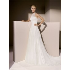 Simple A Line High Neck Ruched Tulle Wedding Dress With Collar
