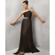 Simple A Line One Shoulder Long Black Chiffon Evening Wear Dress With Beaded