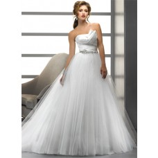 Simple A Line/Princess Asymmetrical Beading Crystals Tulle Wedding Dress With Low Back