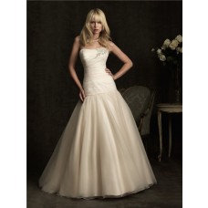 Simple A Line Strapless Dropped Waist Champagne Tulle Wedding Dress With Crystal