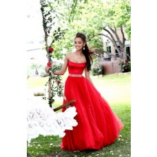 Simple A Line Strapless Long Red Satin Tulle Beading Prom Dress With Shawl 