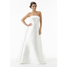 Simple A Line Strapless Ruched Satin Wedding Dress With Crystal Belt Buttons Train