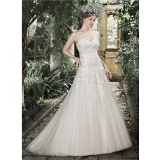 Simple A Line Strapless Sweetheart Ivory Tulle Lace Wedding Dress