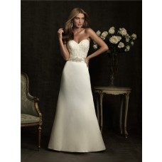 Simple A Line Sweetheart Lace Satin Wedding Dress With Crystal Belt 