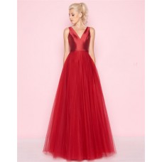 Simple A Line V Neck Long Red Satin Tulle Prom Dress With Sash