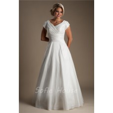 Simple A Line V Neck Taffeta Ruched Modest Wedding Dress With Sleeves Buttons