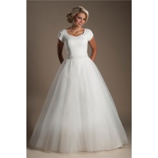 Simple Ball Gown Cap Sleeve Tulle Ruched Modest Wedding Dress With Beading Belt