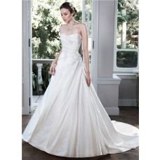 Simple Ball Gown Strapless Low Back Ruched Satin Wedding Dress 