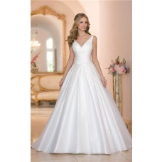 Simple Ball Gown V Neck Low Back Ruched Taffeta Wedding Dress With Buttons