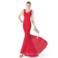 Simple Mermaid V Neck Red Chiffon Long Evening Prom Dress With Sash