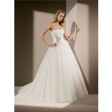 Simple Princess Ball Gown Strapless Tulle Beaded Wedding Dress Chapel Train