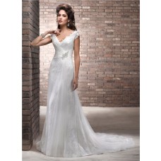 Slim A Line Deep V Neck Cap Sleeve Lace Tulle Wedding Dress With Low Back Buttons