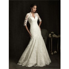Slim A Line V Neck Sheer Back Ivory Lace Wedding Dress With Sleeves