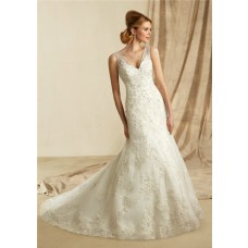 Slim A Line V Neck Sheer Straps Lace Beaded Wedding Dress With Buttons