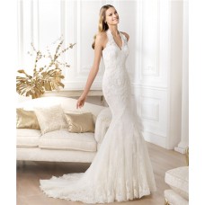 Slim Fitted Mermaid Halter Beaded Lace Wedding Dress With Buttons 